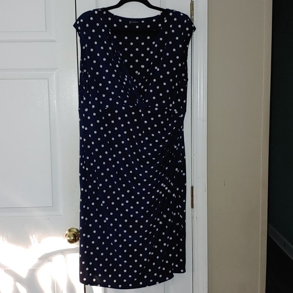 New Directions  navy white polka dot faux wrap dress Sz 16 EUC